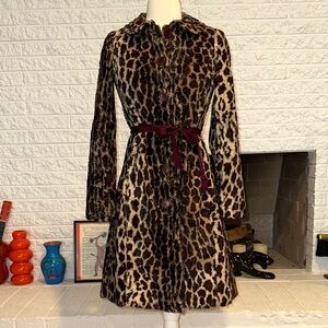 Vintage 90s Leopard Print Faux Fur Coat with Burgundy ribbon Belt
